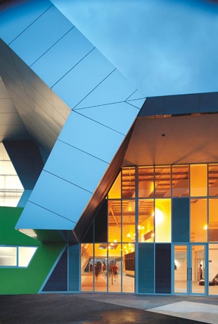 External walls are clad with dynamic sporting stripes, which were deliberately chosen to arouse the powerful emotions that an athlete draws upon while competing
